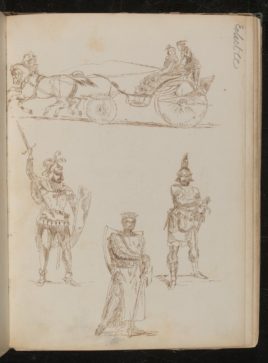 Estudio de un carruaje tirado por caballos con tres ocupantes, tres estudios de guerreros grecorromanos con armas y escudos de Lady  Butler