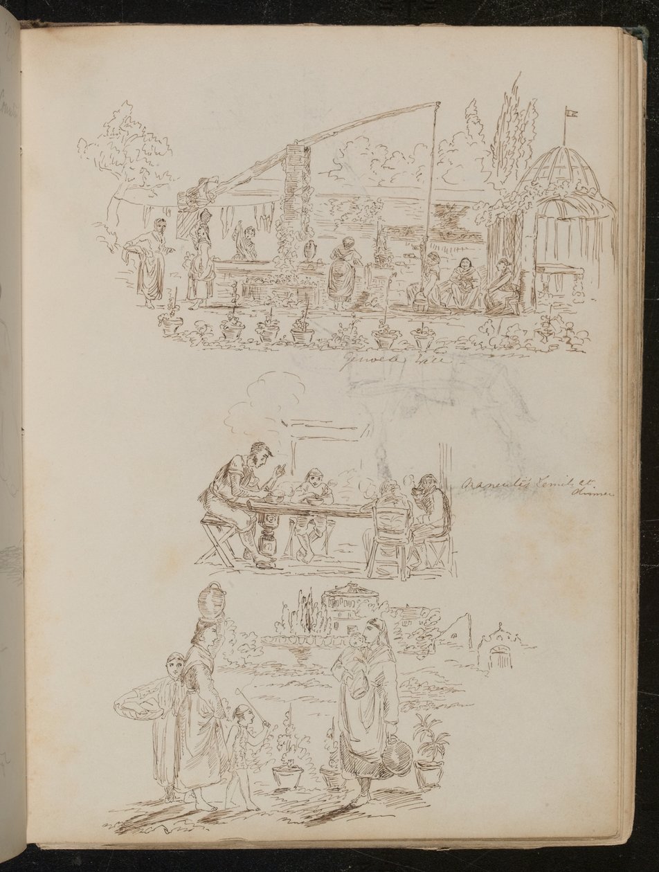 Escena de jardín y lavandería con figuras femeninas, y un estudio de cuatro figuras de Lady Butler
