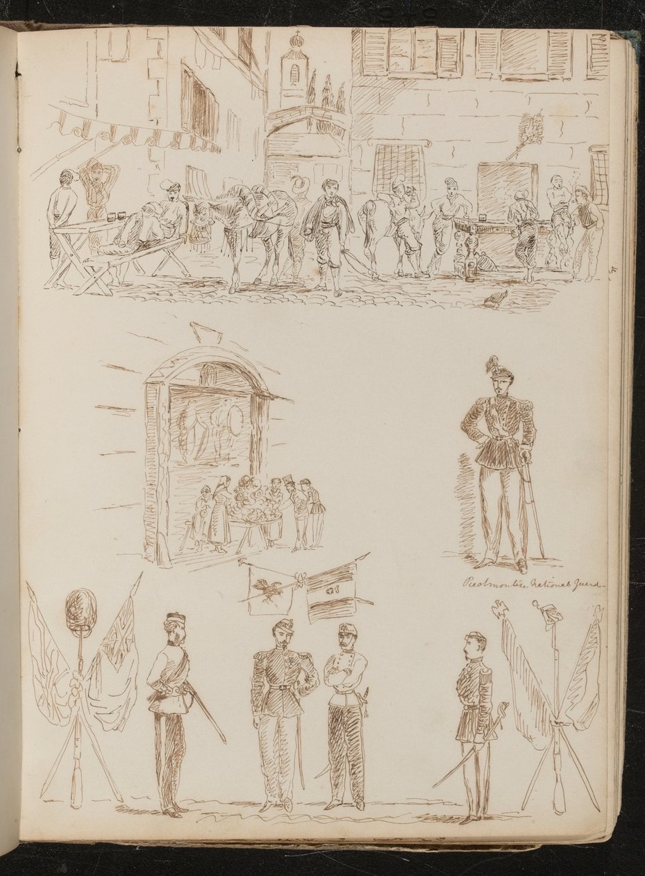Escena de ciudad con soldados bebiendo, estudio de un puesto de mercado, estudio de un guardia nacional piamontés, estudio de cuatro soldados y banderas cruzadas de Lady Butler