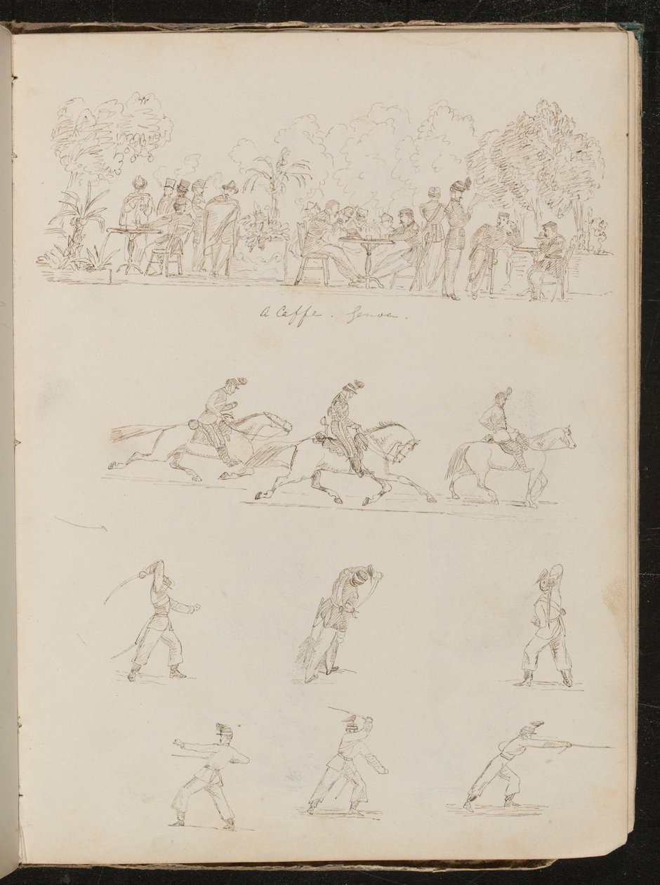 Ocho estudios de soldados, incluyendo soldados en un café al aire libre de Lady Butler