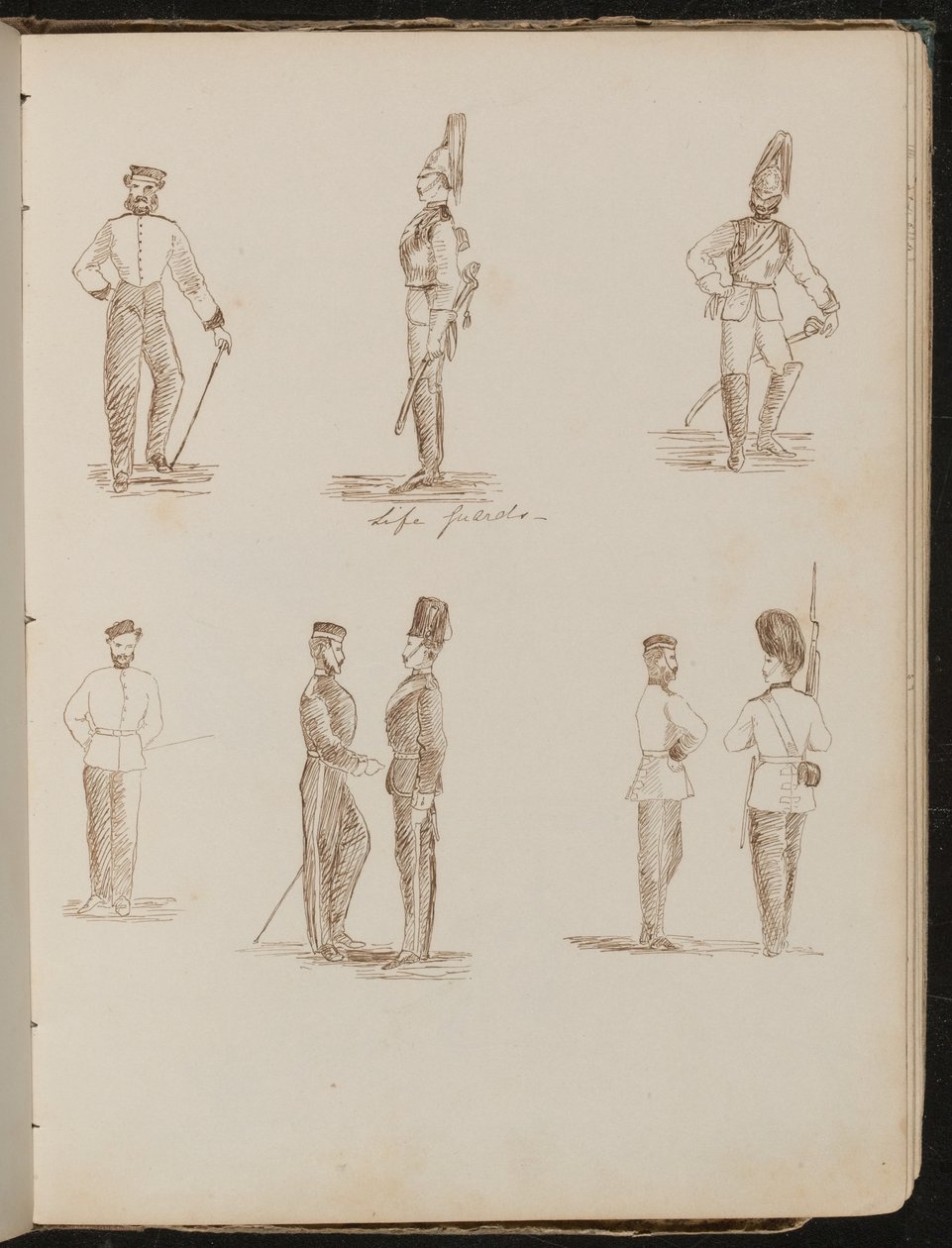 Ocho estudios de soldados de pie en uniforme, inscritos 