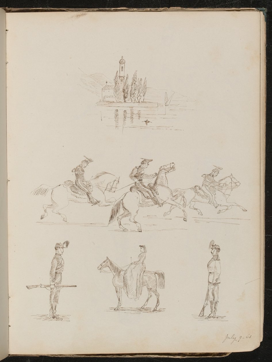 Cinco estudios de una iglesia, soldados de gala a caballo, un soldado de guardia y una mujer montando de lado de Lady Butler