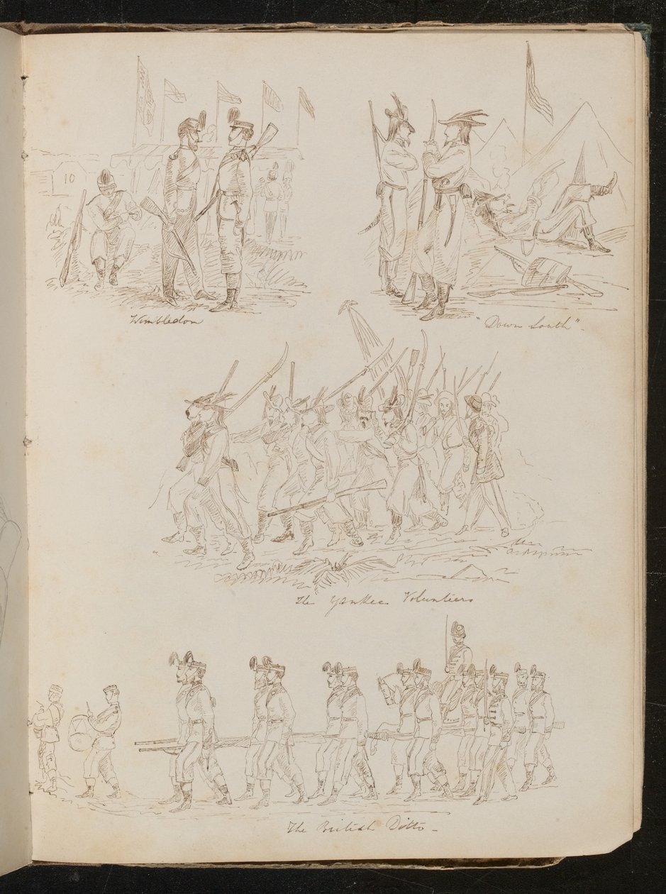 Cuatro escenas de batallón con la inscripción "Wimbledon", "Down South", "The Yankee Volunteers", "The British Ditto" con variedad de tipos de soldados de Lady Butler