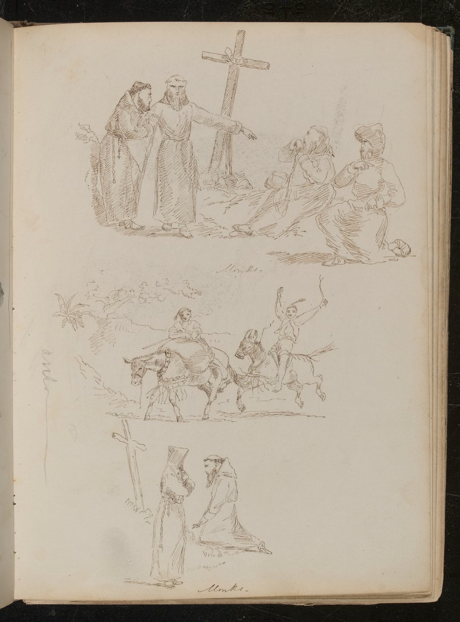 Cuatro figuras junto a una cruz de madera, estudio de dos jóvenes con palos en burros, estudio de dos monjes, uno arrodillado ante una cruz de madera de Lady Butler