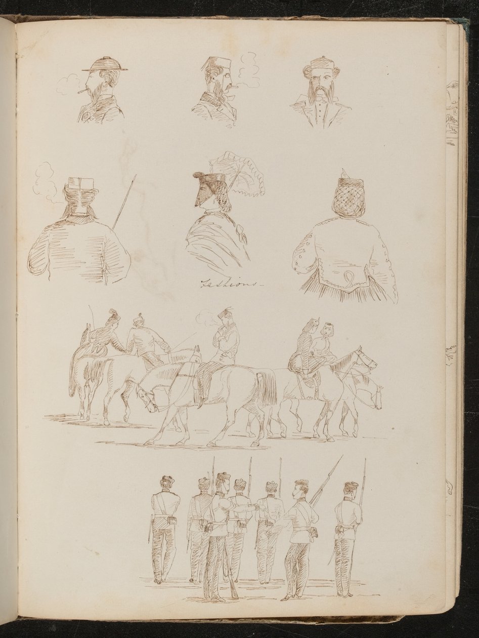 Cuatro estudios de bustos masculinos, dos de una mujer con parasol, estudio de grupo de hombres y mujeres a caballo, estudio de grupo de soldados de Lady Butler