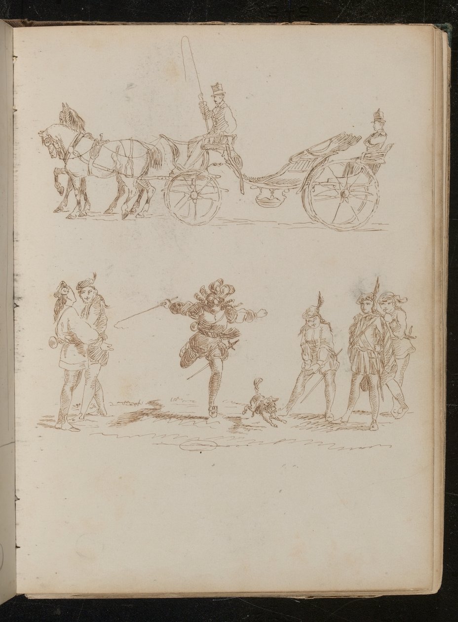 Oficial con sombrero de copa y charreteras en carruaje tirado por caballos, estudio de seis soldados mediterráneos y un perro de Lady Butler
