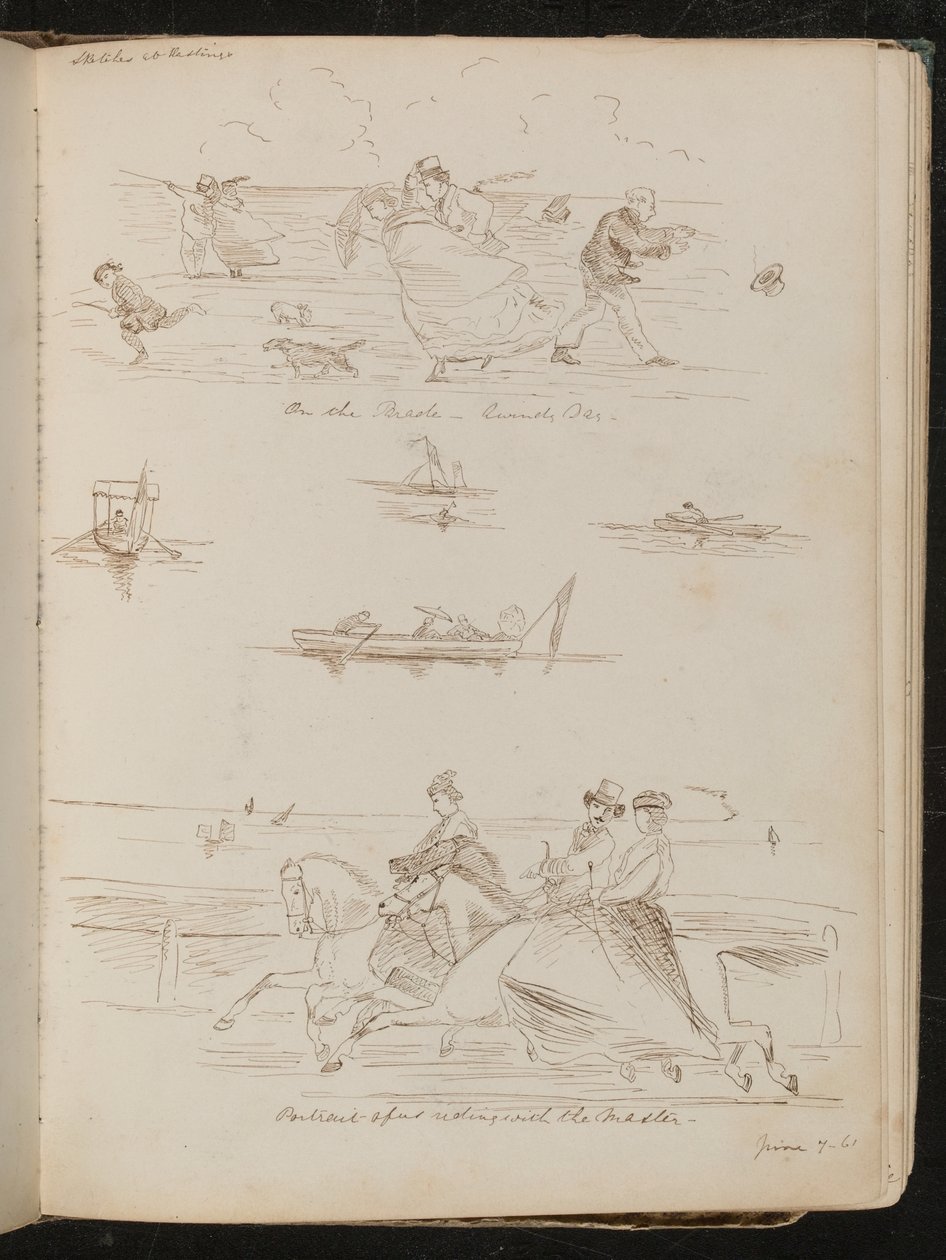 "En el desfile, un día ventoso", barcos con excursionistas, jinetes a caballo con la inscripción "montando con el maestro" de Lady Butler