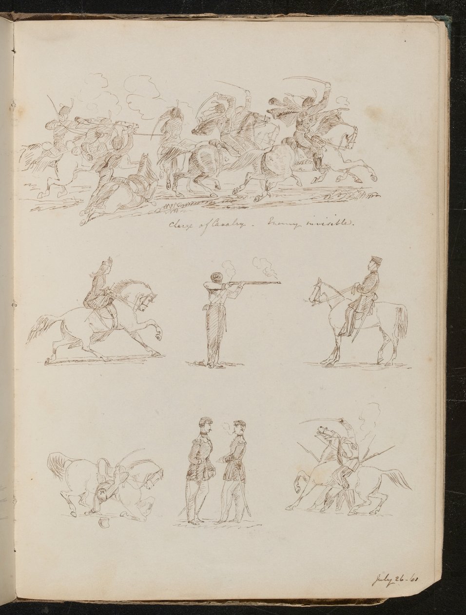 Siete estudios de batallas de caballería, soldados y una mujer montando de Lady Butler