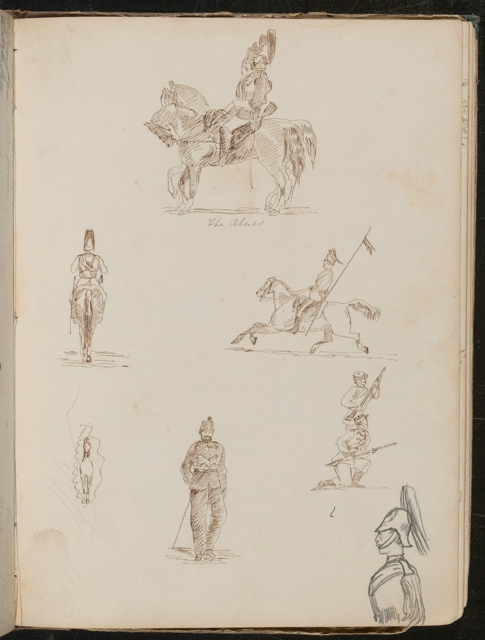 Seis estudios de soldados, uno a caballo inscrito "los Azules", pequeño estudio de un caballo de frente de Lady Butler
