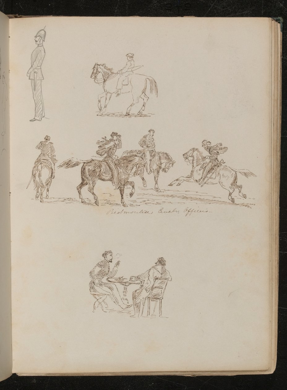 Soldado de uniforme completo, estudios de un joven con caña de pescar a caballo, cuatro hombres a caballo de Lady Butler