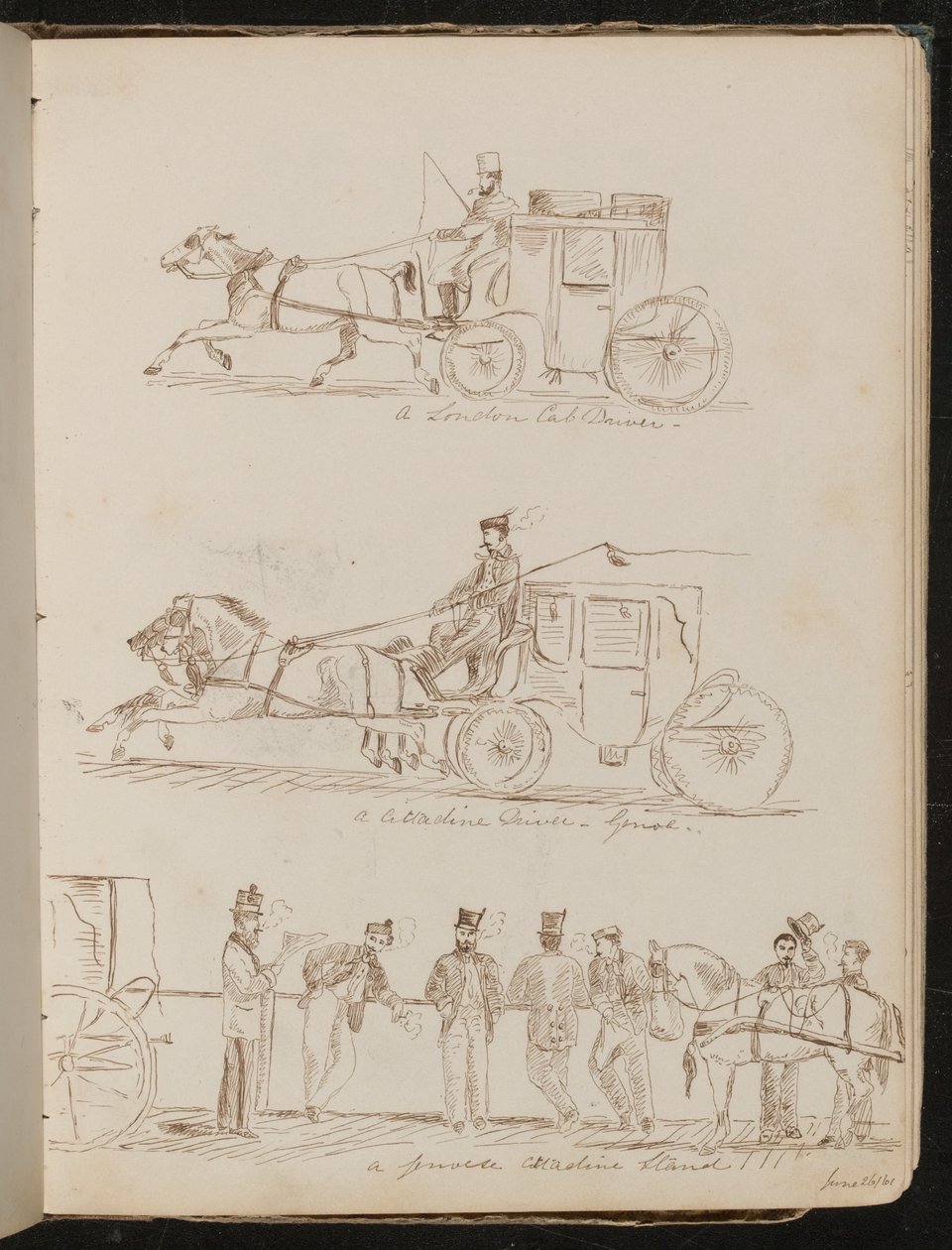 Estudios de "un conductor de cab de Londres", "un conductor de Cittadine - Génova" y "un puesto de Cittadine de Génova", fechado "26 de junio de 1861" de Lady Butler