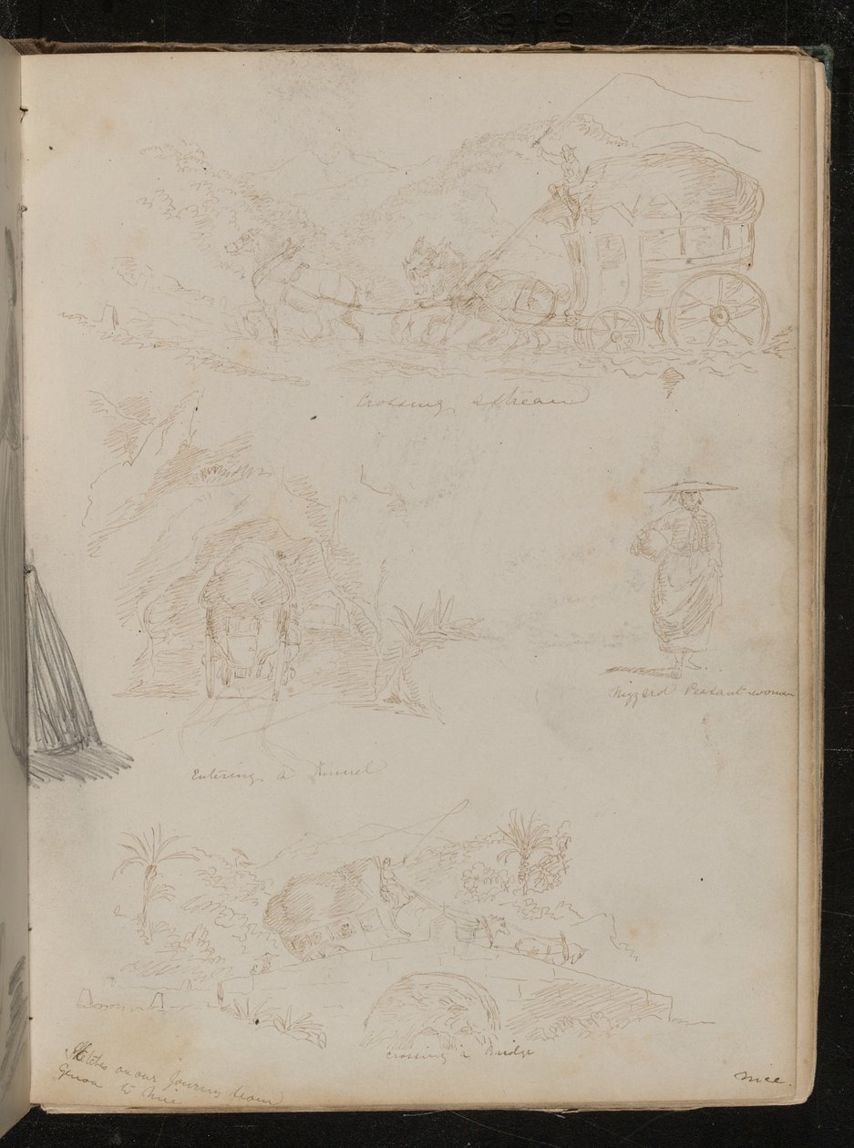 Estudios de un carruaje tirado por caballos cruzando un arroyo, entrando en un túnel, estudio de una campesina de Lady Butler