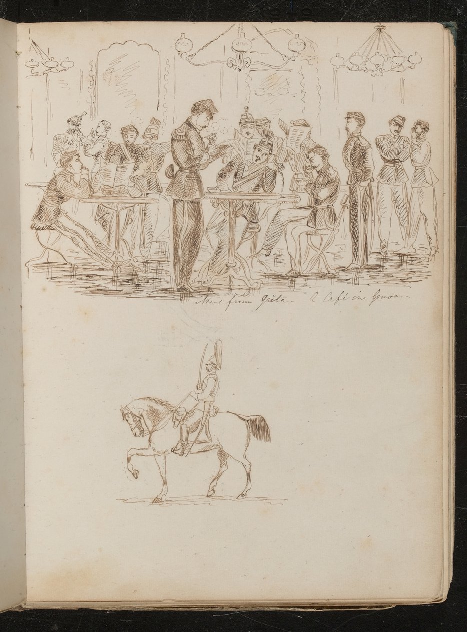 Estudio de una escena de café con soldados leyendo periódicos con la inscripción "Noticias de Gaela - un café en Génova" de Lady Butler