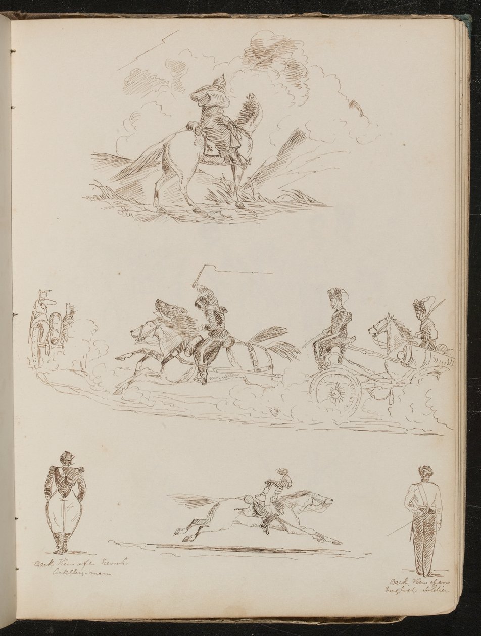 Estudio de soldados a caballo tirando de un cañón, dos vistas de artilleros, un soldado con uniforme completo en un caballo galopante de Lady Butler