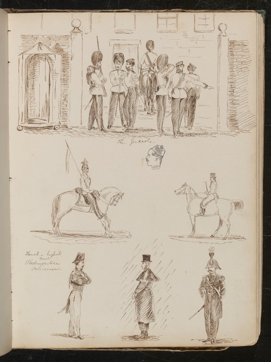 Estudio de "los Guardias", dos estudios de soldados a caballo, tres estudios de policías franceses, ingleses y piamonteses de Lady Butler