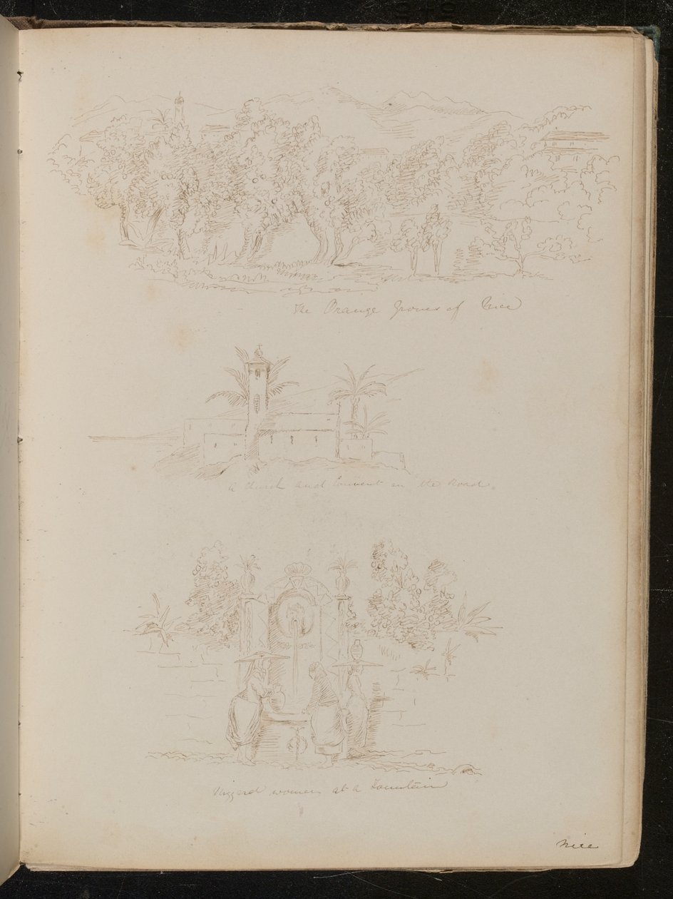 Estudio de "los cultivadores de naranjas de Niza", estudio arquitectónico de "una iglesia y convento en el camino", estudio de "mujeres de Niza en una fuente" de Lady Butler