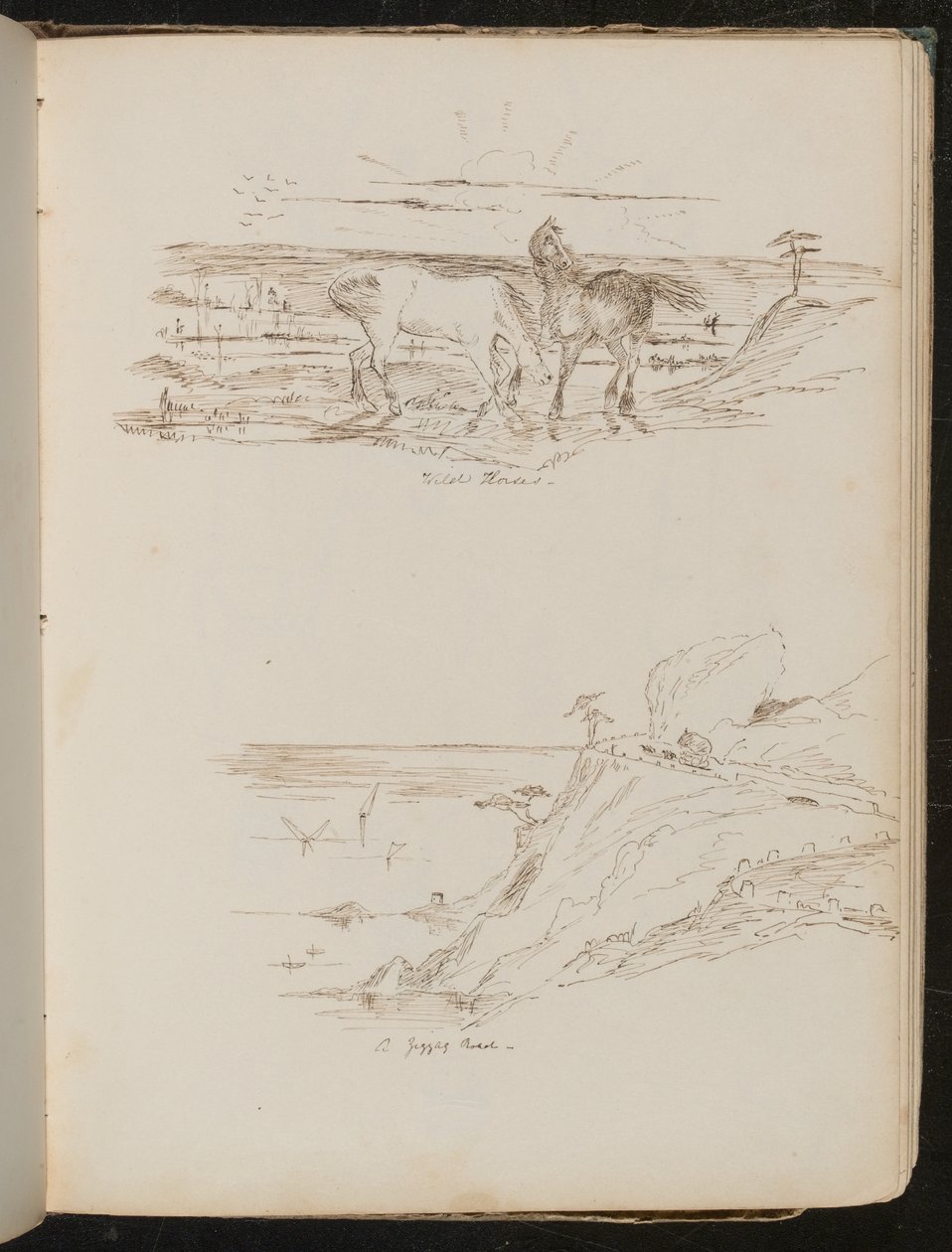 Estudio de dos caballos en paisaje, estudio de escena costera y acantilado de Lady Butler