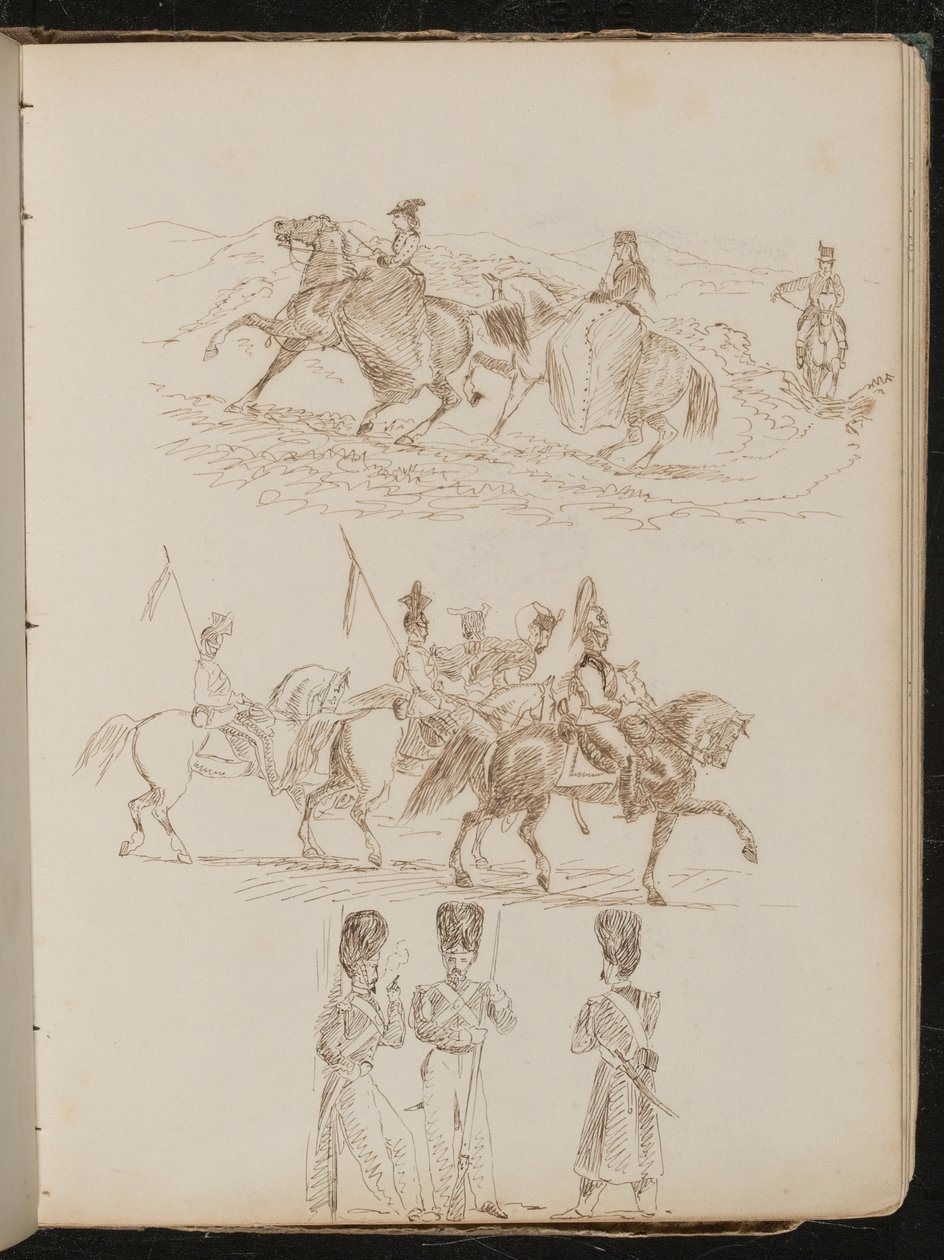 Estudio de dos mujeres y un hombre montando en paisaje montañoso, estudio de soldados a caballo, estudio de tres guardias conversando de Lady Butler