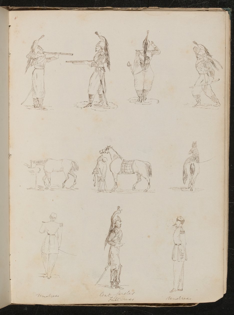 Diez estudios de soldados, caballos, mujer montando de lado de Lady Butler