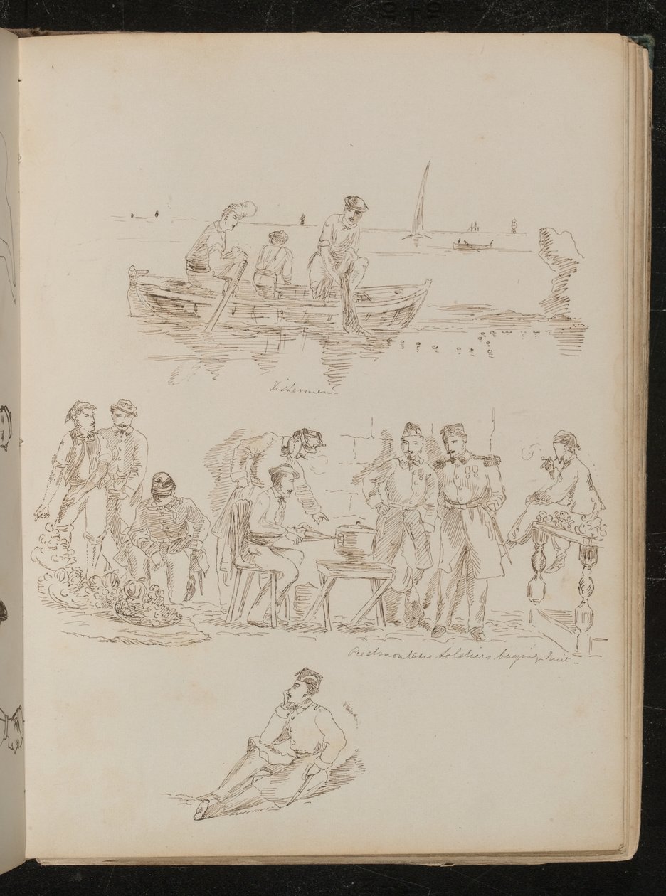 Tres figuras en un bote de remos, escena de mercado con ocho figuras de Lady Butler