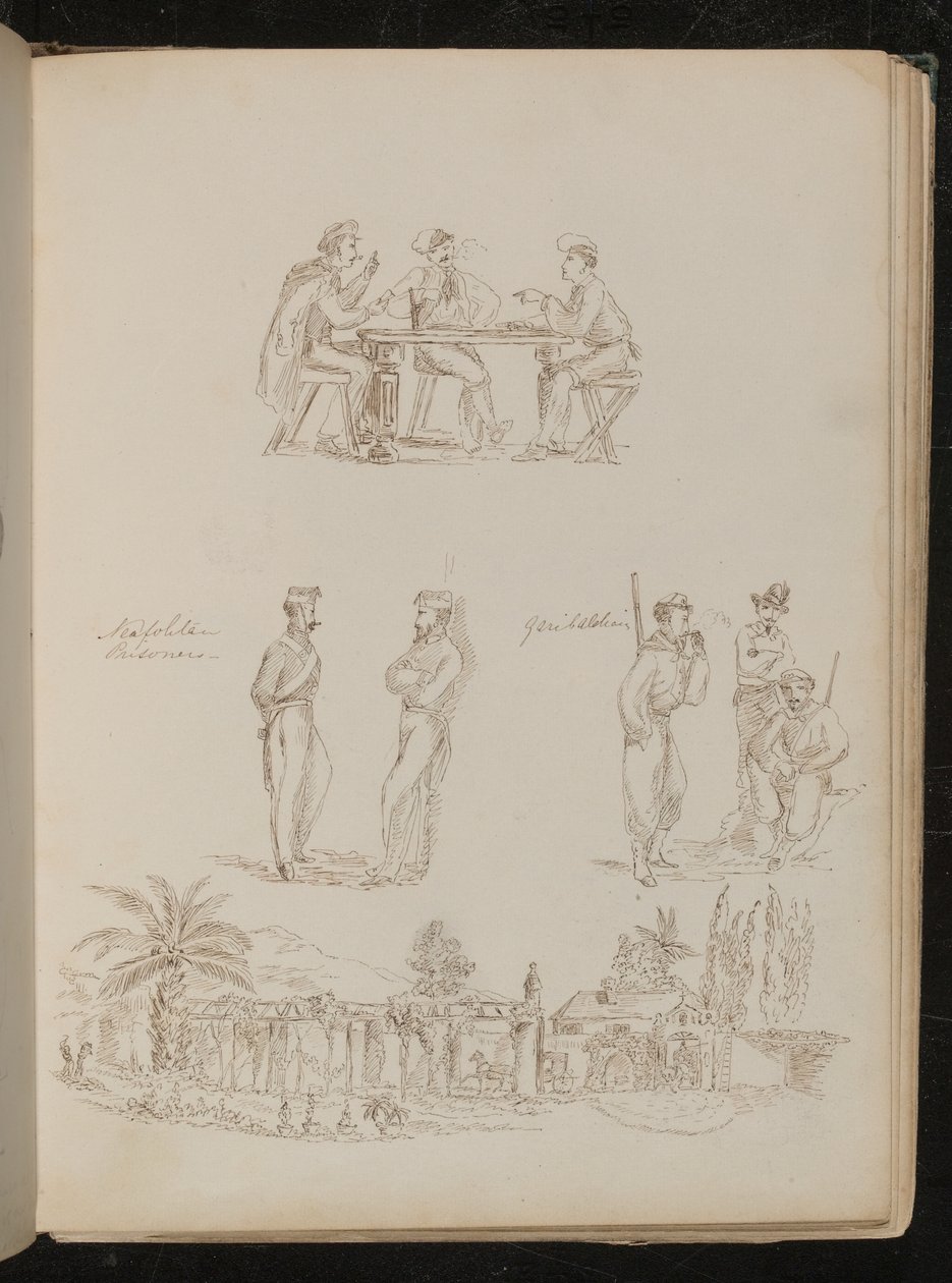 Tres soldados jugando a las cartas, dos "Prisioneros Neopolitanos" conversando, tres "Garibaldinos" descansando y fumando, una villa genovesa de Lady Butler