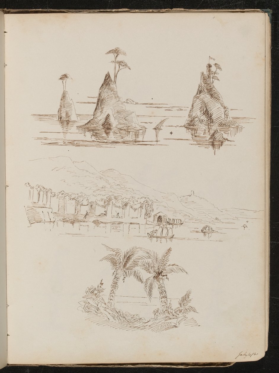 Tres estudios de islas rocosas, un paisaje acuático con personas y botes, y palmeras de Lady Butler