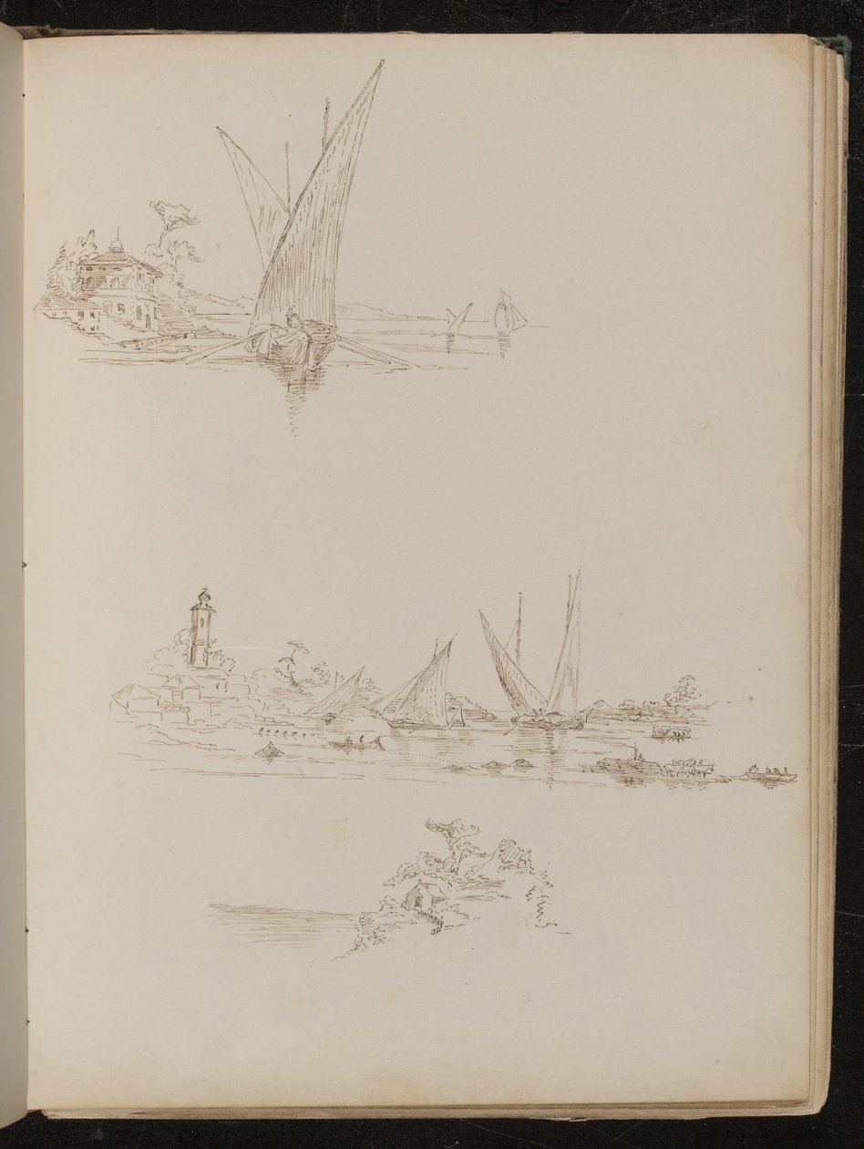 Tres estudios de barcos y paisaje costero de Lady Butler