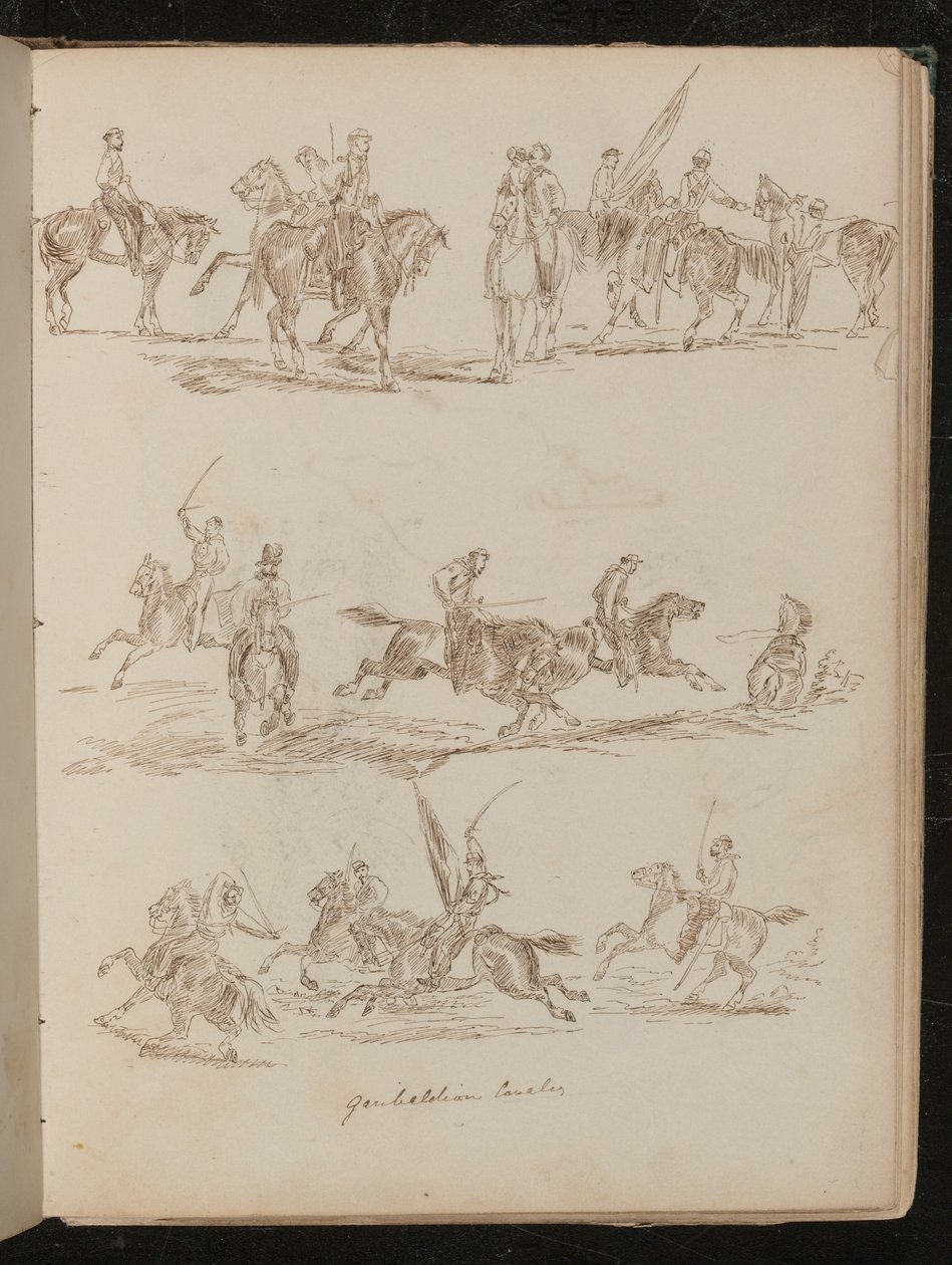 Tres estudios de soldados a caballo inscritos "Caballería Garibaldina" de Lady Butler