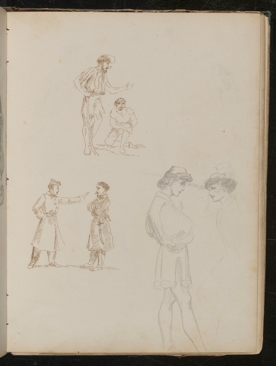 Dos estudios a pluma de pares de soldados conversando, un estudio a lápiz de dos jóvenes conversando de Lady Butler