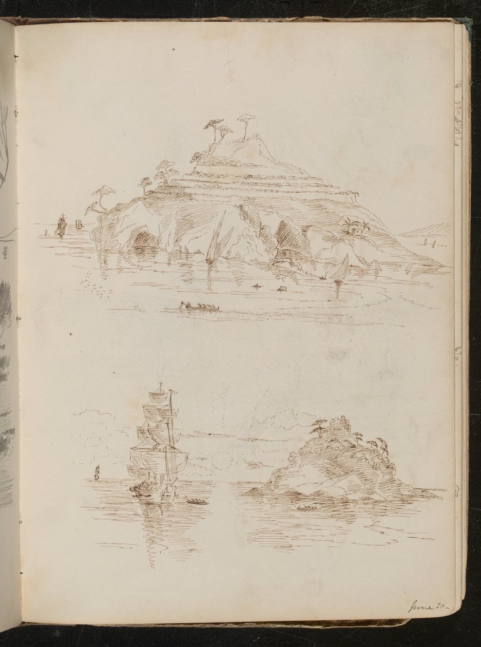Dos estudios de isla rocosa, estudio de barco, fechado "30 de junio?" de Lady Butler