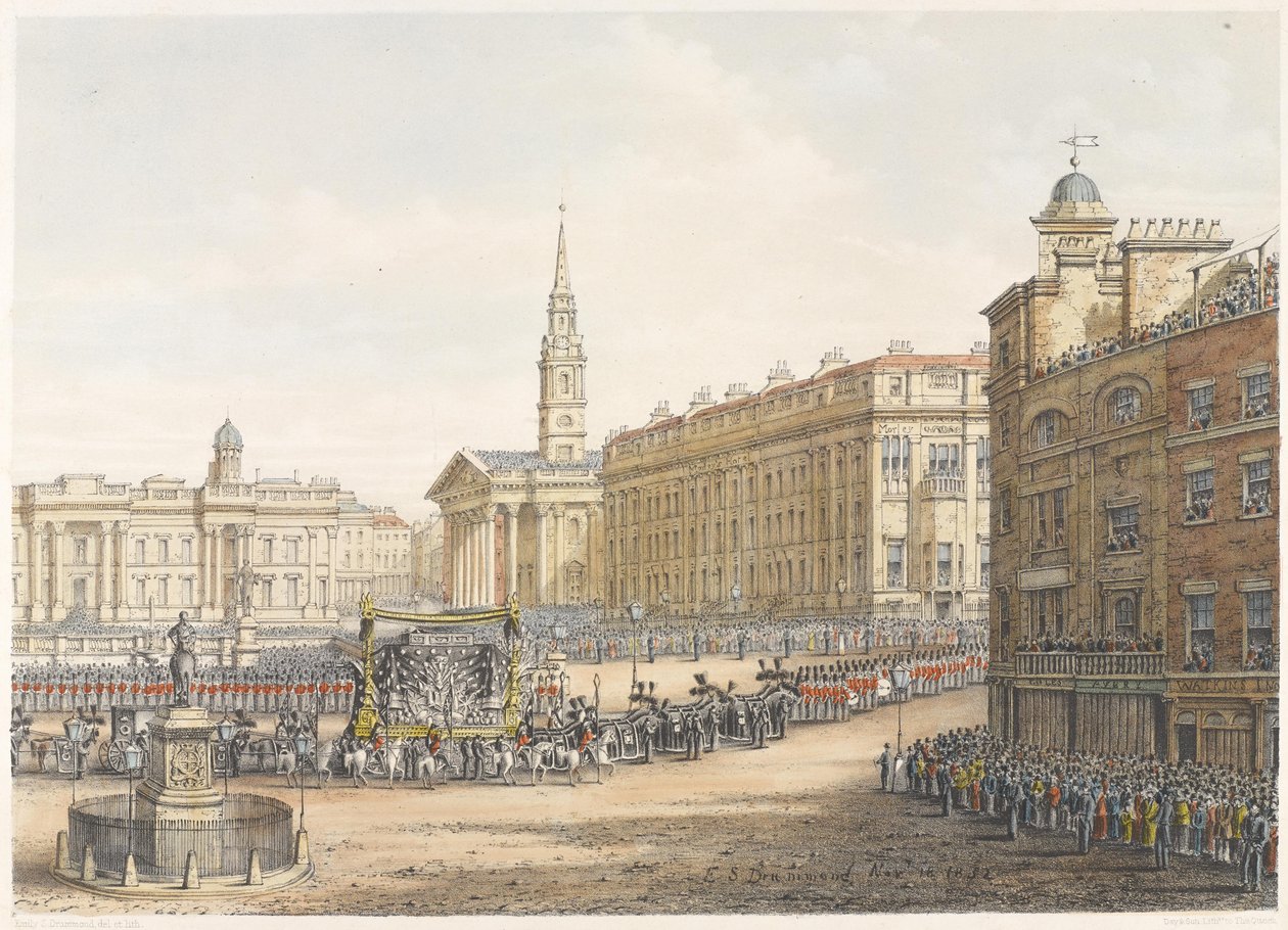 El coche fúnebre y la procesión en el funeral de estado del Duque de Wellington pasando por Mansion House el 18 de noviembre de 1852 de Lady Emily Drummond