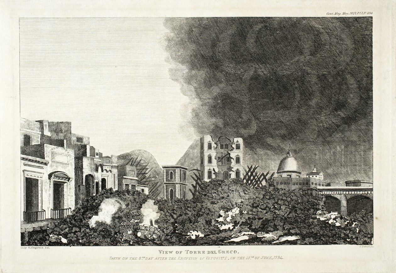 Vista de Torro del Greco: Tomada el octavo día después de la erupción del Vesubio, 15 de junio de 1794 (grabado y aguafuerte) de Lady H. Fitzgerald