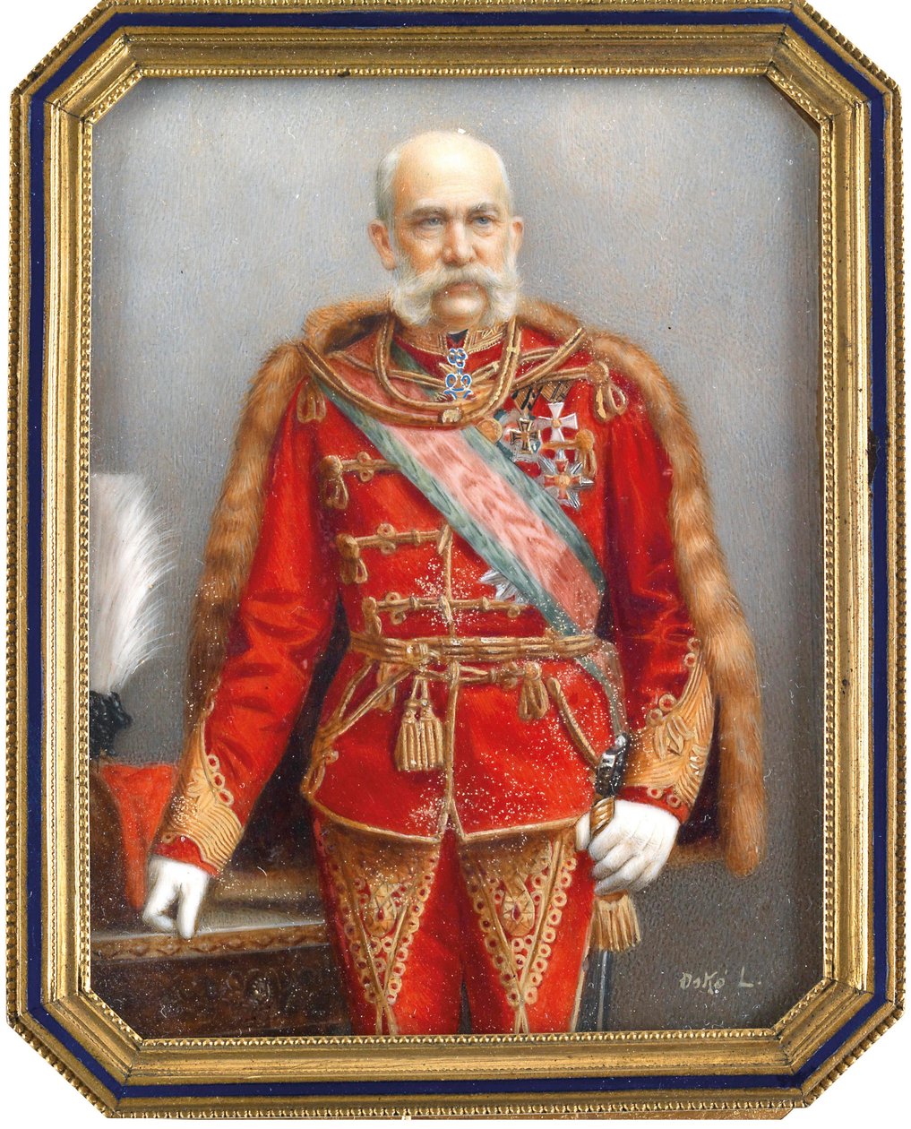 Retrato de Francisco José I de Austria (1830-1916), con uniforme húngaro. Obra de Lajos Osko (1865-1922), acuarela y gouache sobre cuerno. Arte húngaro, arte académico. Colección privada. de Lajos Osko