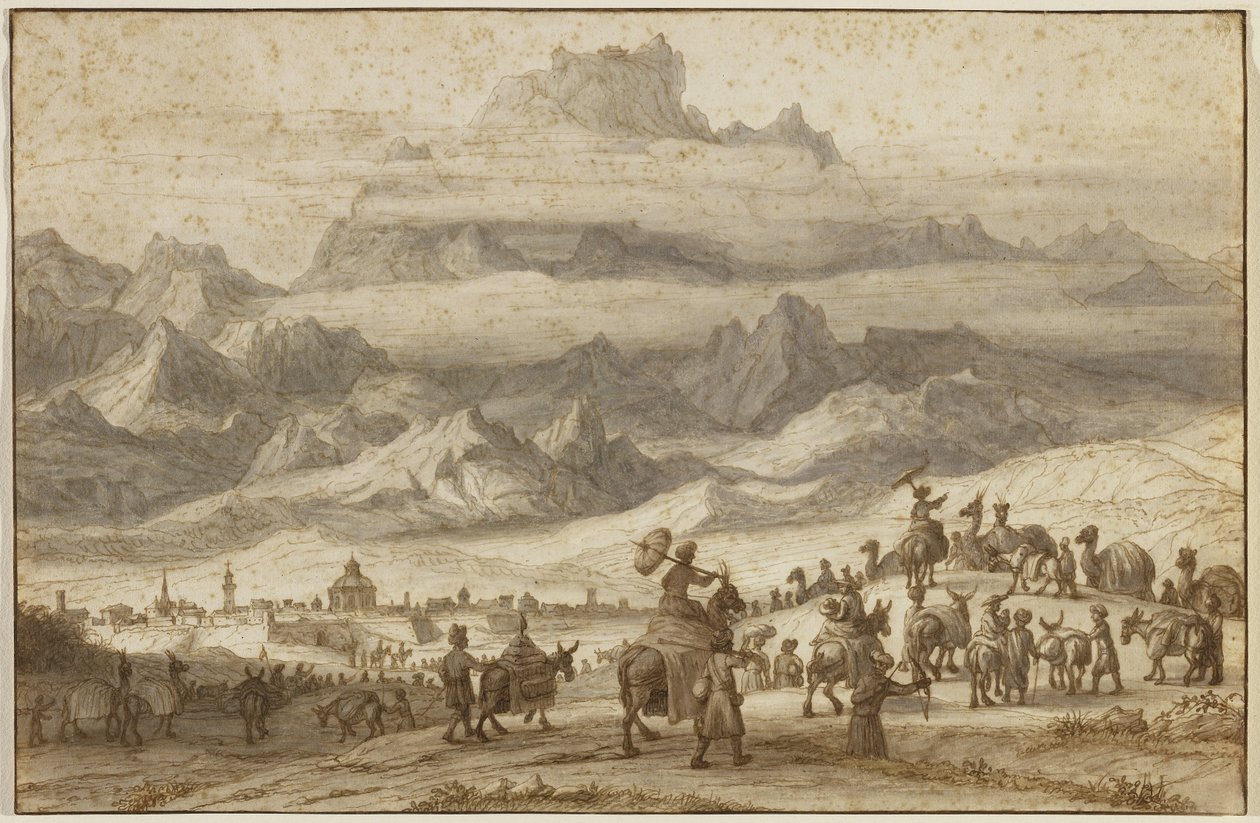 El arca de Noé en el monte Ararat, una caravana de camellos fuera de la ciudad de Ereván en primer plano, c.1690 de Lambert Doomer