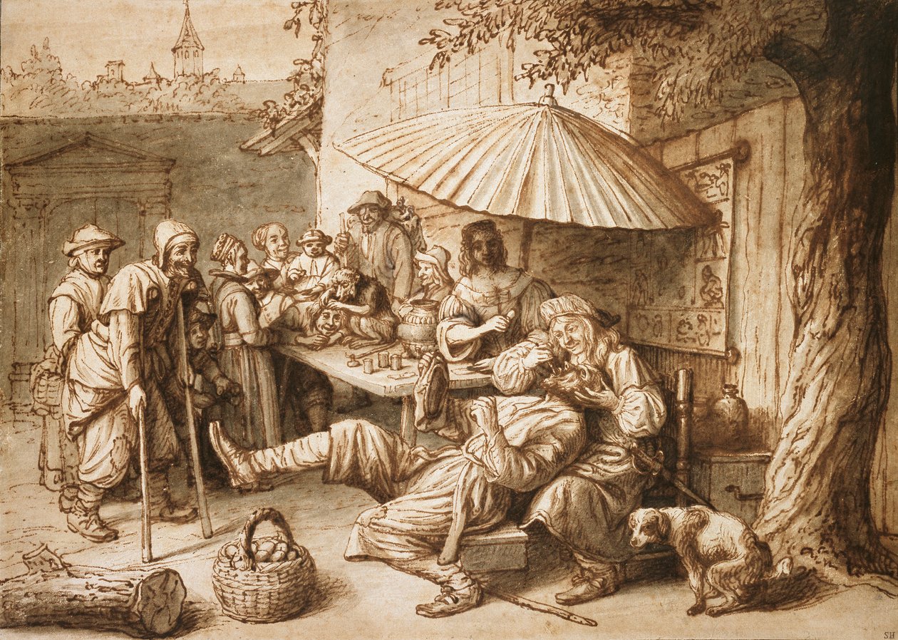 Un dentista charlatán extrayendo un diente de un campesino, finales del siglo XVII de Lambert Doomer