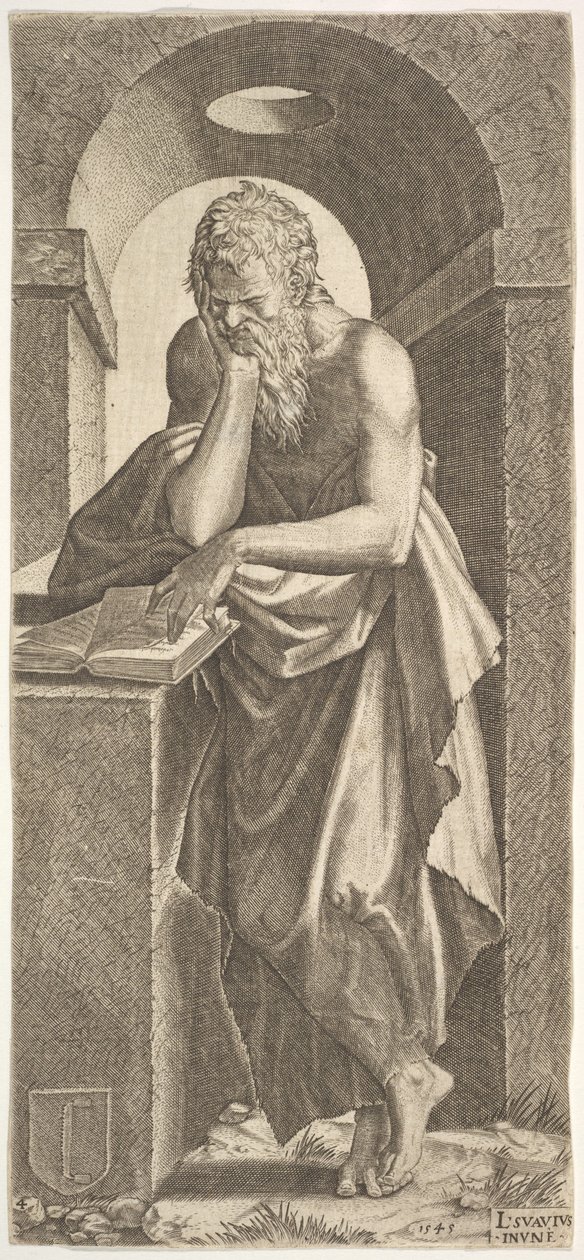 San Simón ante un libro abierto con los dedos de su mano izquierda presionados sobre él, 1545 de Lambert Suavius