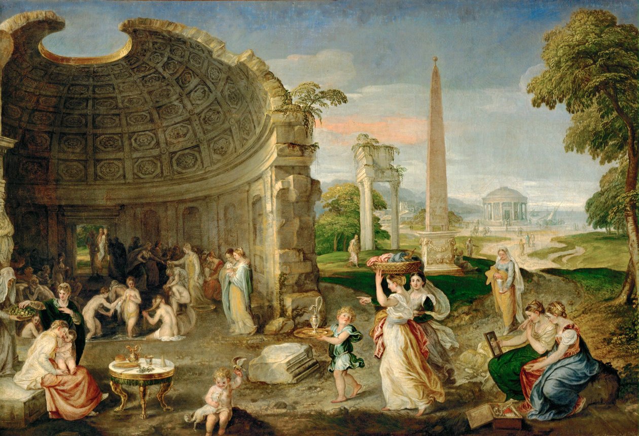 Paisaje con ruinas antiguas y mujeres bañándose ... (óleo sobre lienzo) de Lambert Sustris