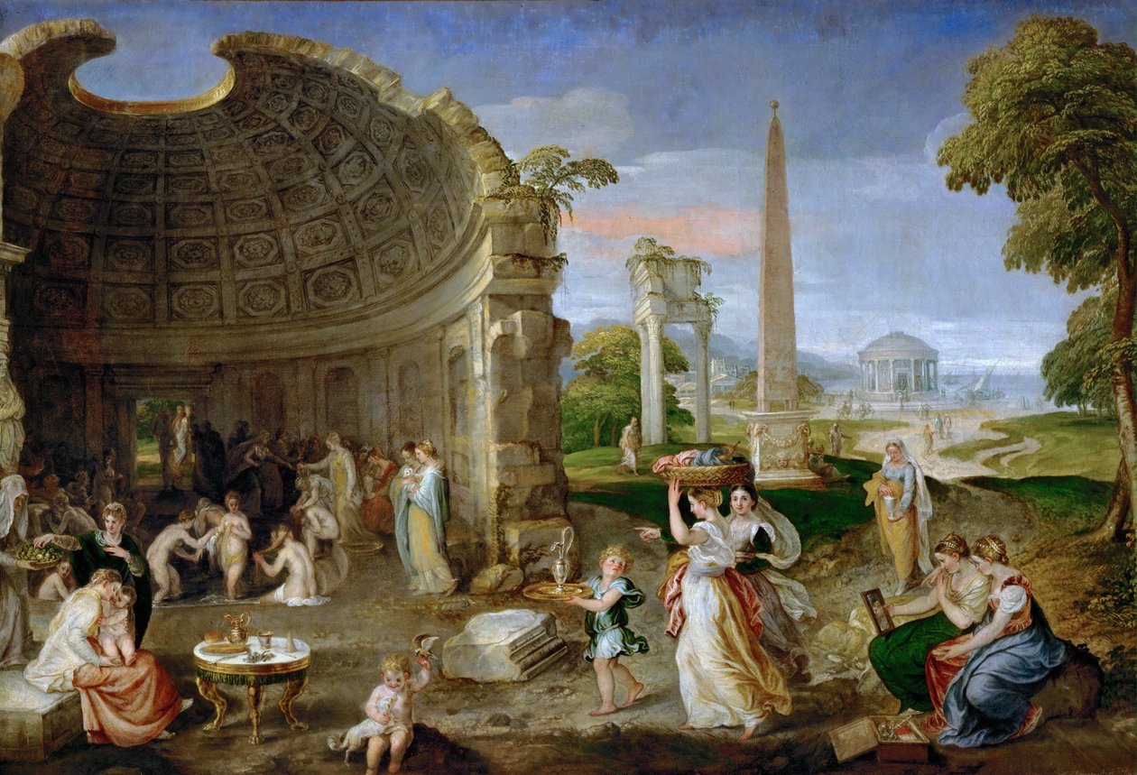 Paisaje con ruinas antiguas y mujeres bañándose de Lambert Sustris