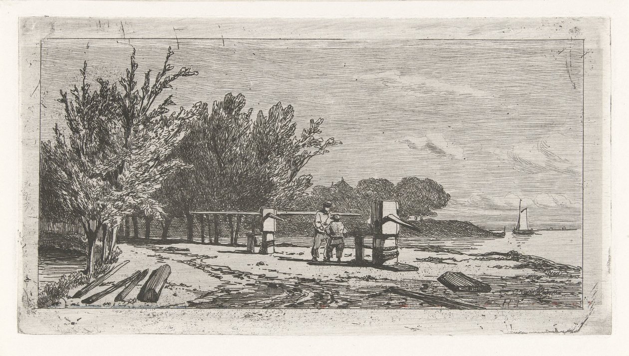 Hombre y niño a lo largo de la orilla de un río. de Lambertus  Hardenberg
