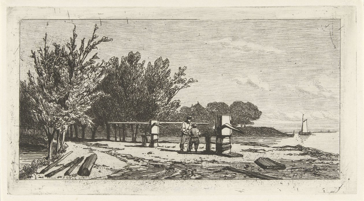 Hombre y niño a lo largo de la orilla de un río. de Lambertus  Hardenberg