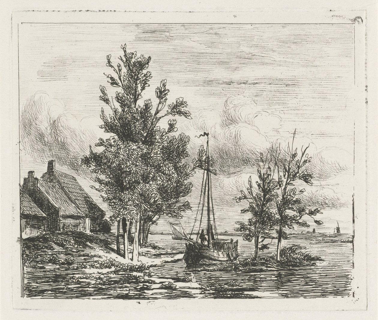 Paisaje fluvial con velero y granja. de Lambertus  Hardenberg