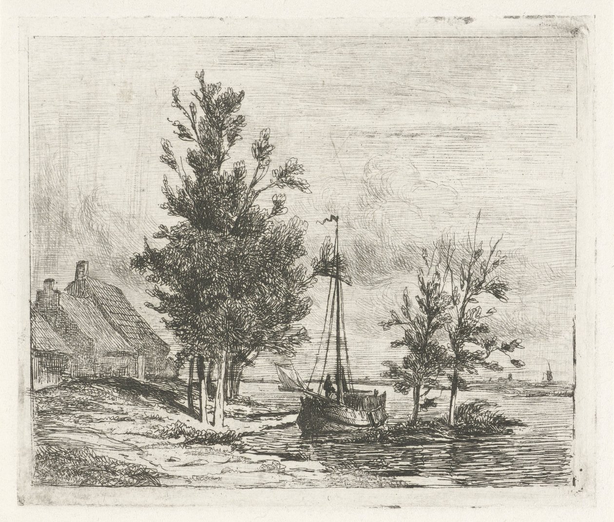 Paisaje fluvial con velero y granja. de Lambertus  Hardenberg