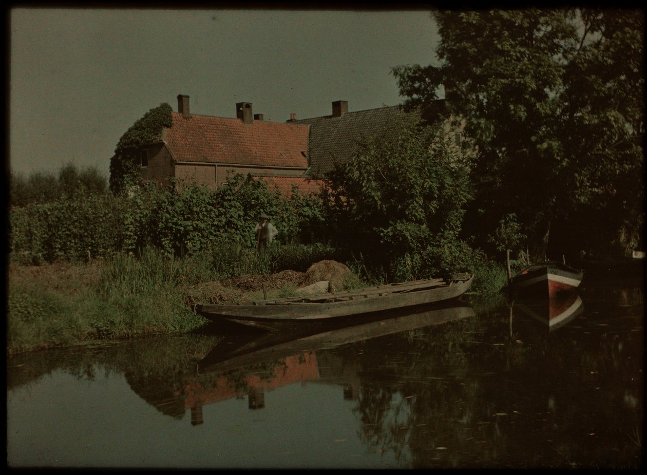 Blikkenburgervaart, Zeist, con barcos y granja (y posiblemente Willem Emelaar Sr) de Lambertus Hendrik van Berk