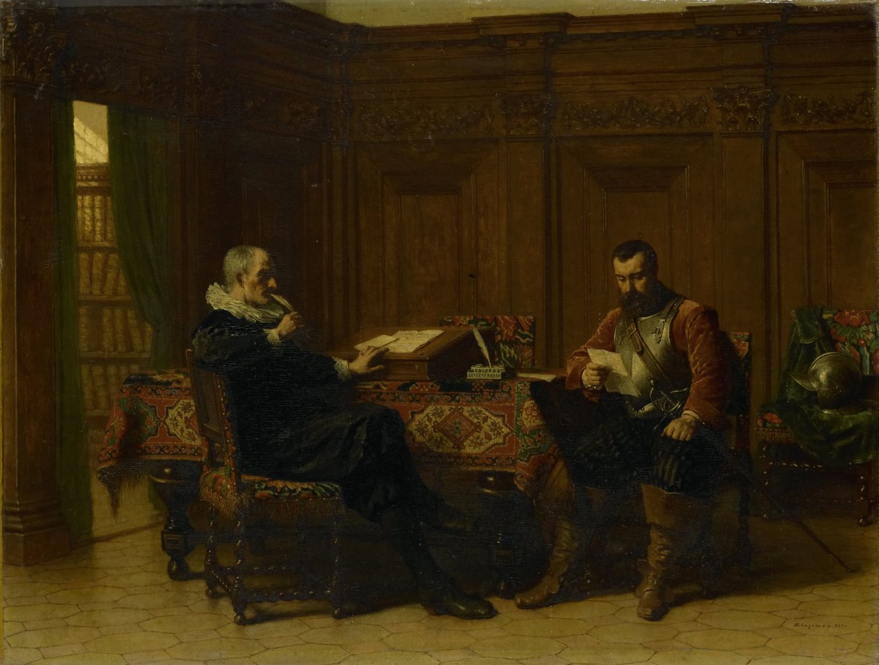 Dos hombres en un interior del siglo XVII, llamado "Una conferencia de Lambertus Lingeman