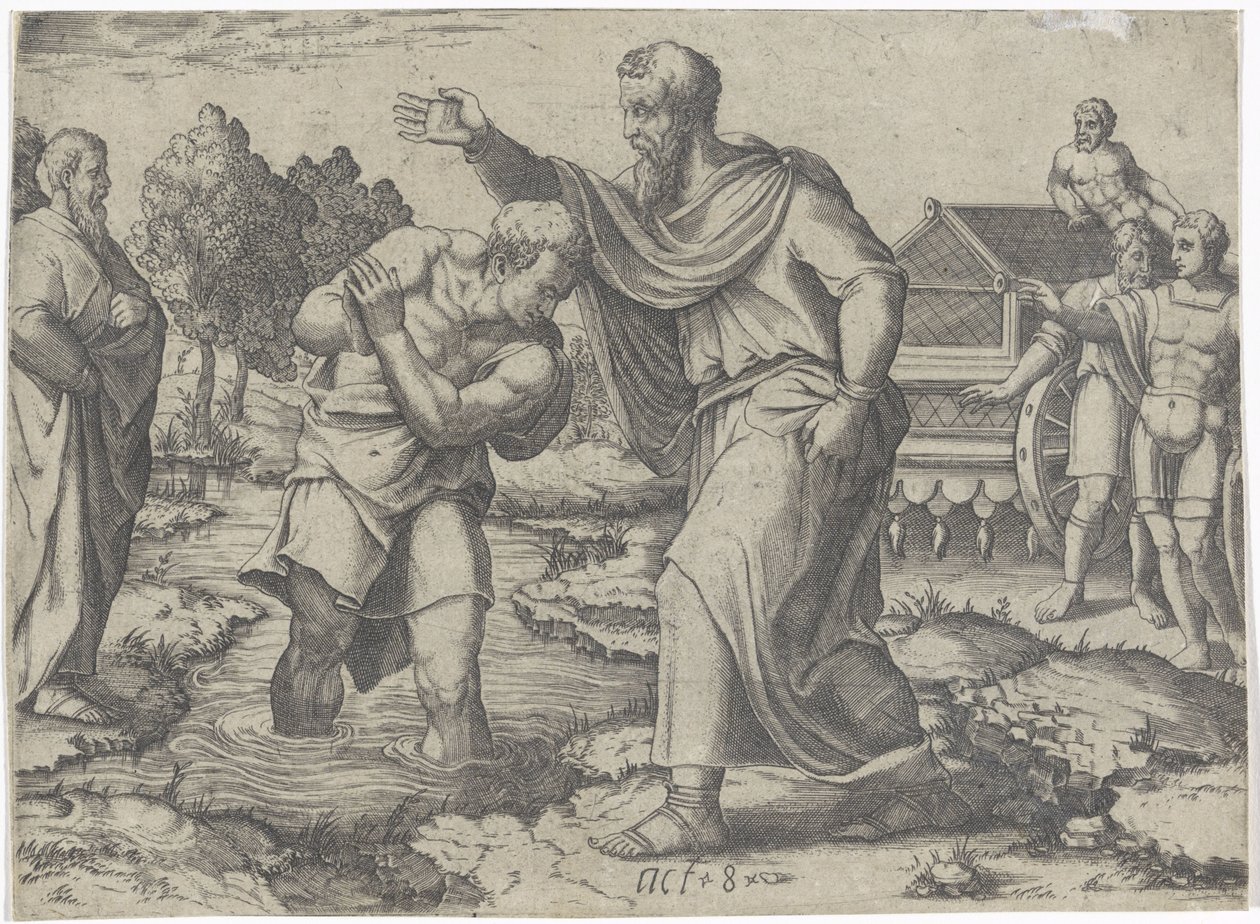 Bautismo del eunuco etíope por Philip Escenas del Libro de los Hechos (título de la serie) de Lambertus Suavius (attributed to)