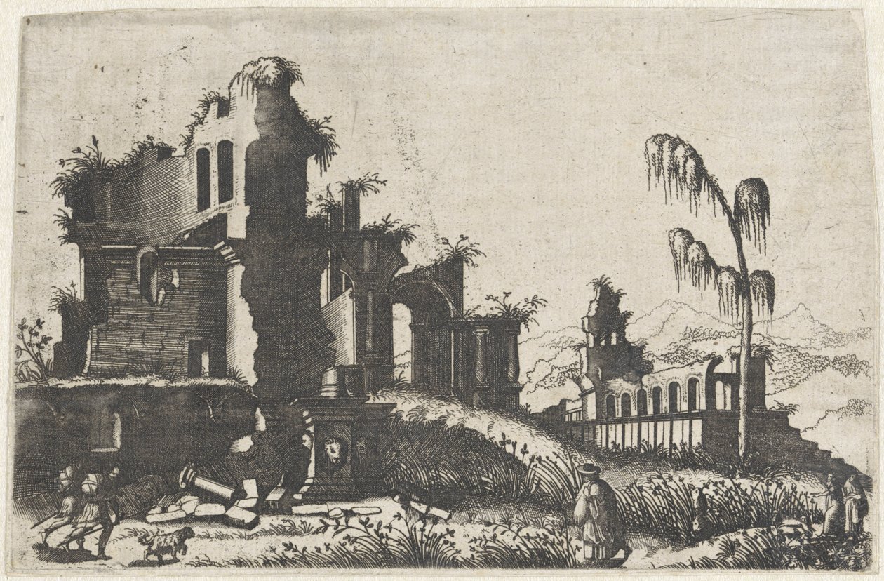 Paisaje con ruinas cubiertas de maleza y viajeros
Ruinarum variarum fabricarum delineationes pictoribus caeterisque id genus artificibus multum utiles (título de la serie) de Lambertus Suavius