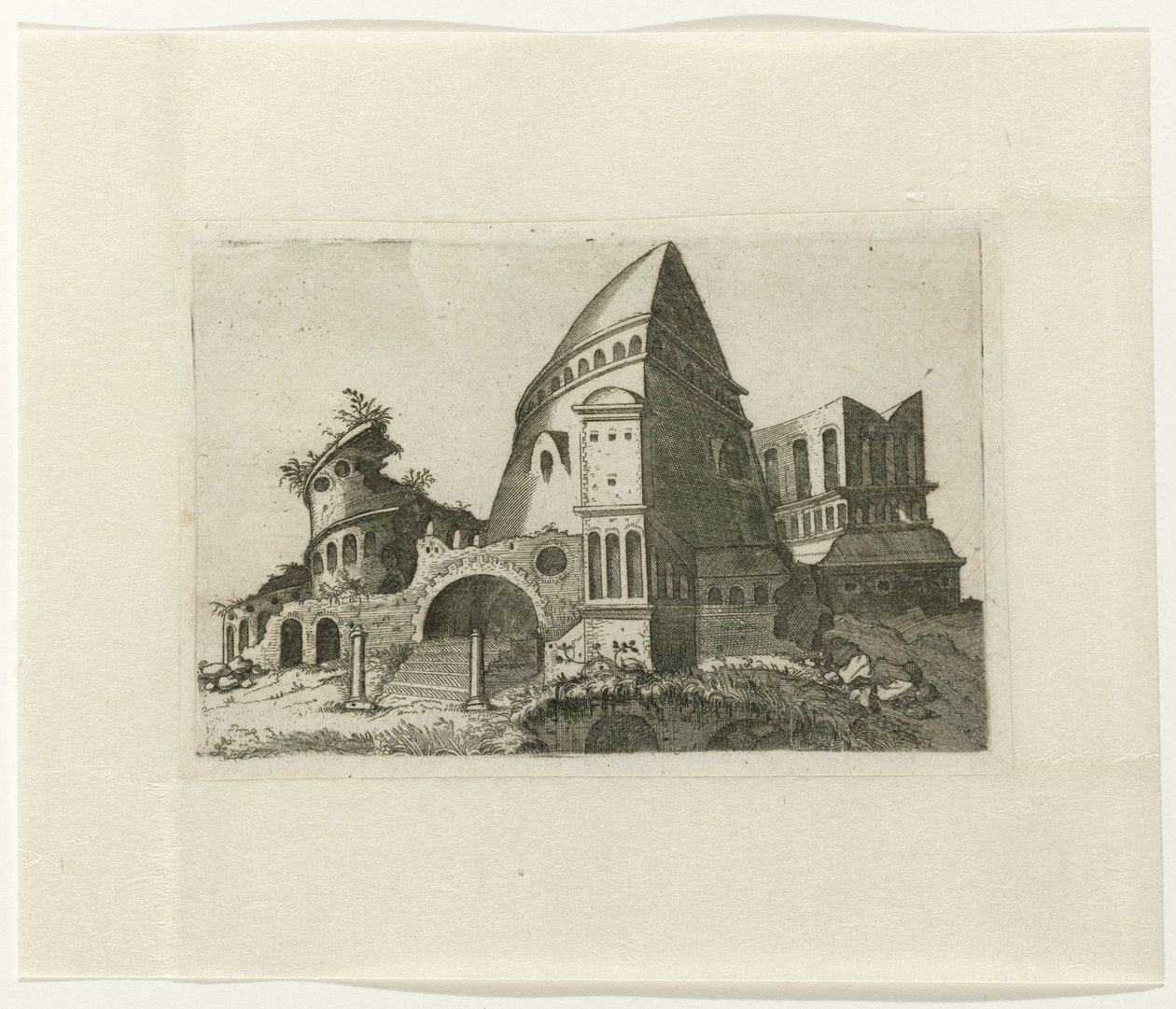 Ruïne met piramidevormige toren
Ruinarum variarum fabricarum delineationes pictoribus caeterisque id genus artificibus multum utiles (título de la serie) de Lambertus Suavius