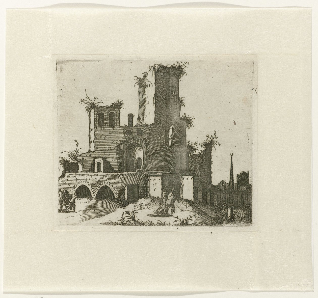 Ruïne met rechthoekige toren
Ruinarum variarum fabricarum delineationes pictoribus caeterisque id genus artificibus multum utiles (título de la serie) de Lambertus Suavius