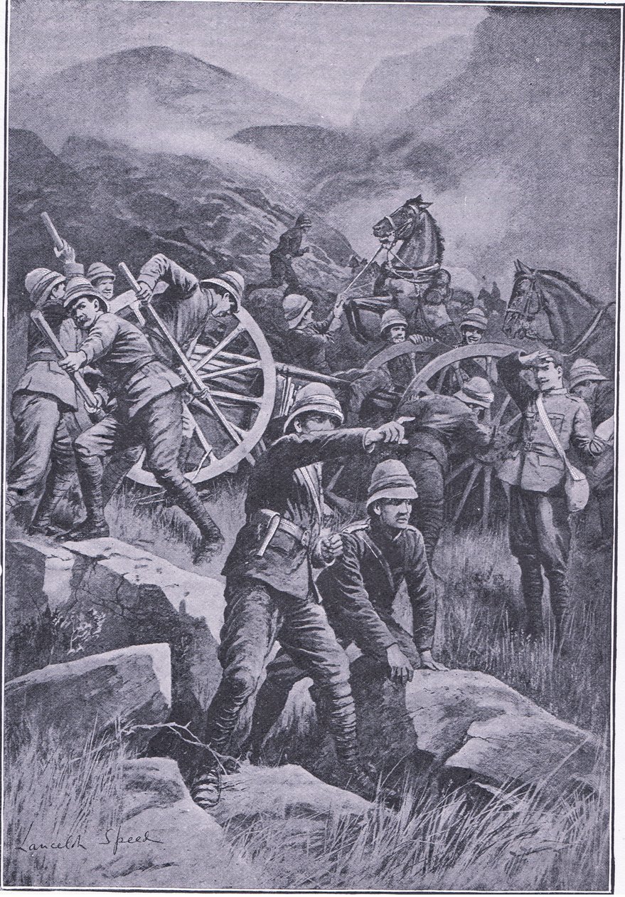 Un cañón volcado en una ladera, de Después de Pretoria: La Guerra de Guerrillas publicado por Harmsworth Bros Limited, 1901 de Lancelot Speed