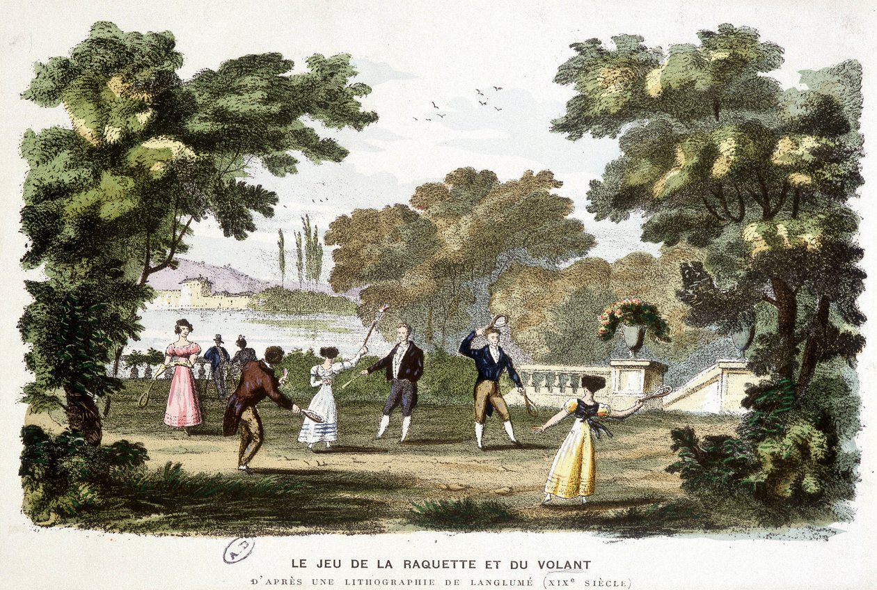 Juegos antiguos: el juego de raqueta y volante, antecesor del bádminton, basado en una litografía de Langlumé siglo XIX de Langlume Langlume